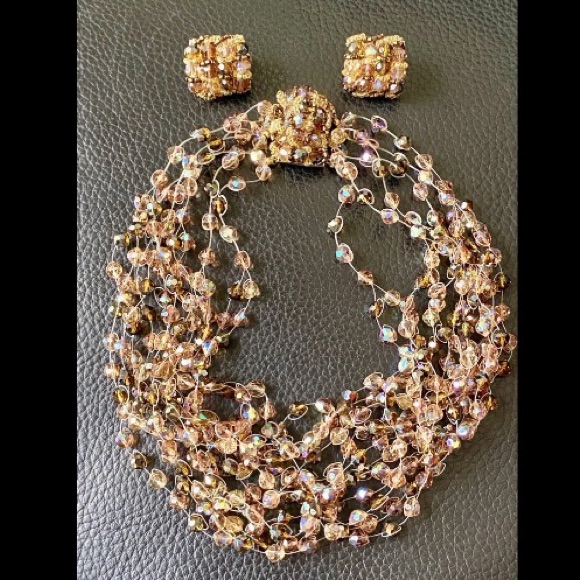 Vintage 60s Vendome Ab Brown Topaz Crystal Multi Strand Necklace Earring Set Mcm